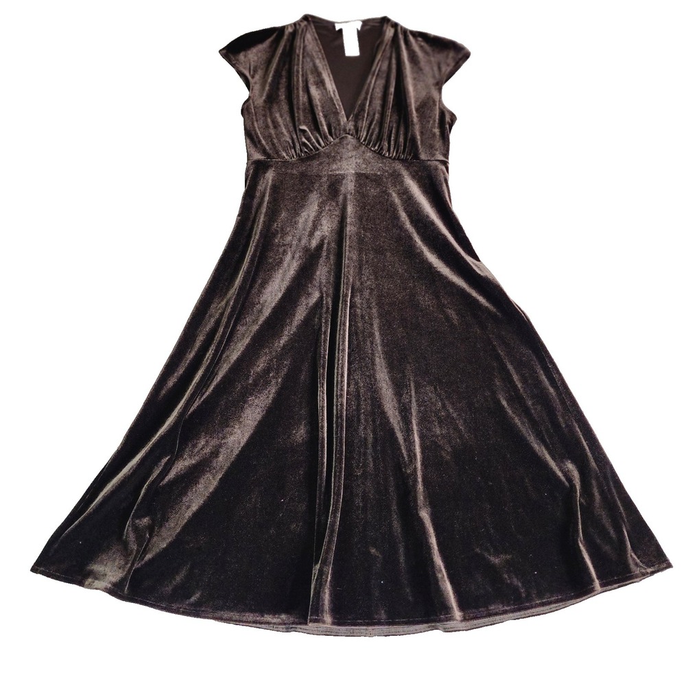 Lizzatti Dark‎ Brown Velour V Neck Sleeveless A Line Dress Size 8 - Picture 6 of 10